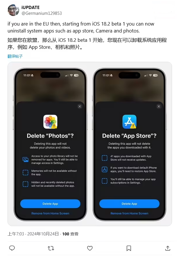 万宁苹果手机维修分享iOS 18.2 支持删除 App Store 应用商店 